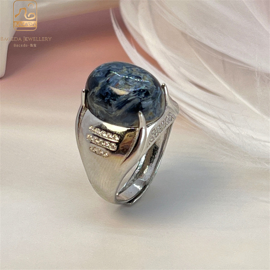 S925 silver Pietersite men ring adjustable size oval big gemstone