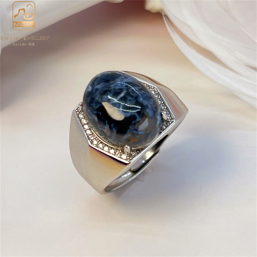 S925 silver Pietersite men ring adjustable size oval big gemstone