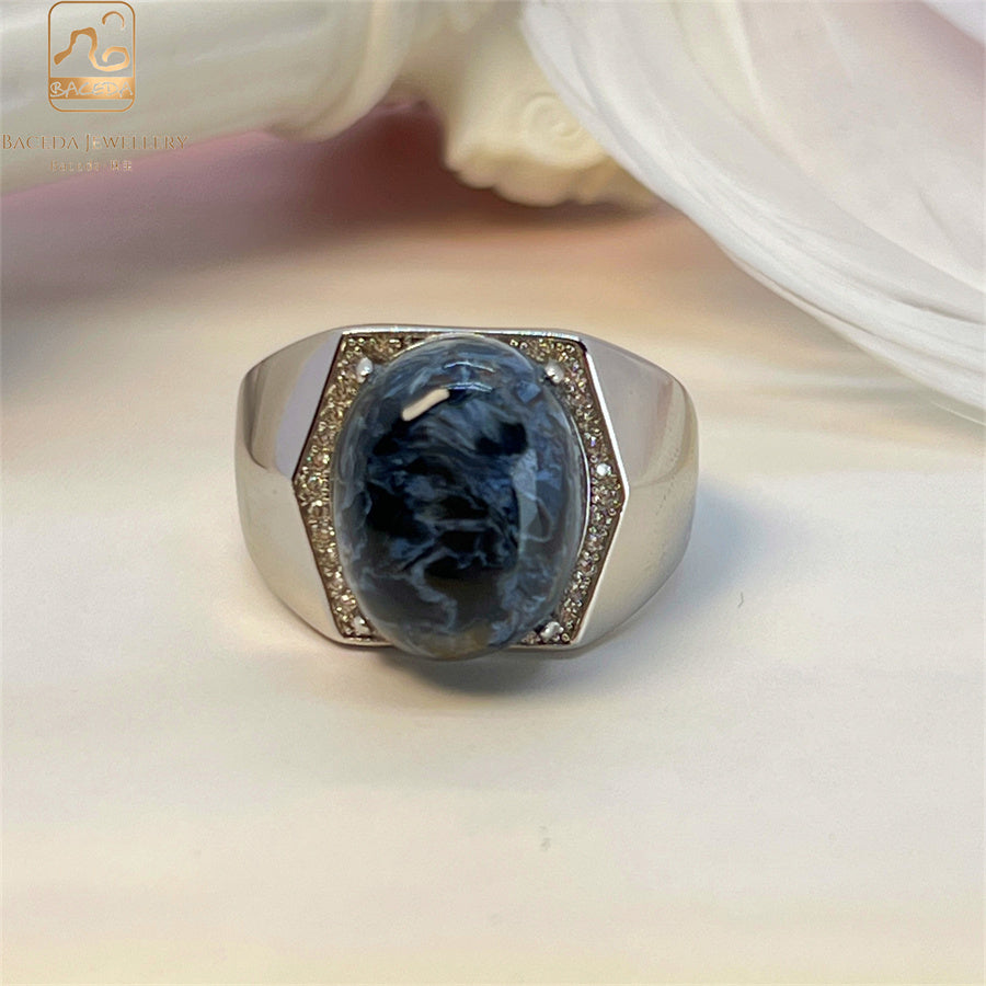S925 silver Pietersite men ring adjustable size oval big gemstone