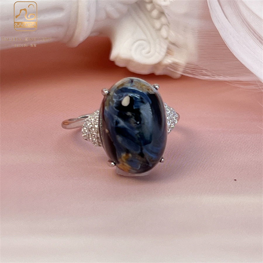 S925 Pietersite women ring big gemstone oval adjustable free size