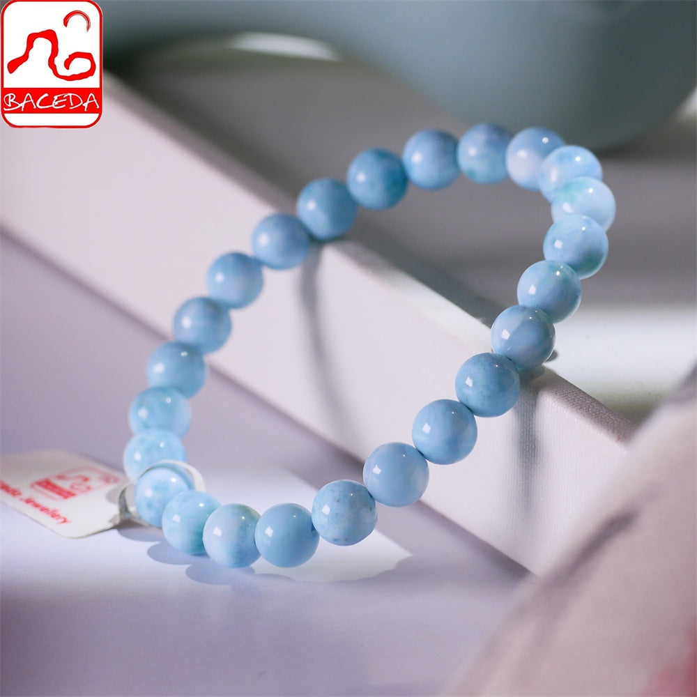Vòng tay hạt tròn Larimar tự nhiên Baceda 6,5mm-9mm, đá chữa bệnh phù hợp với cả nam và nữ, kèm giấy chứng nhận và hộp quà tặng