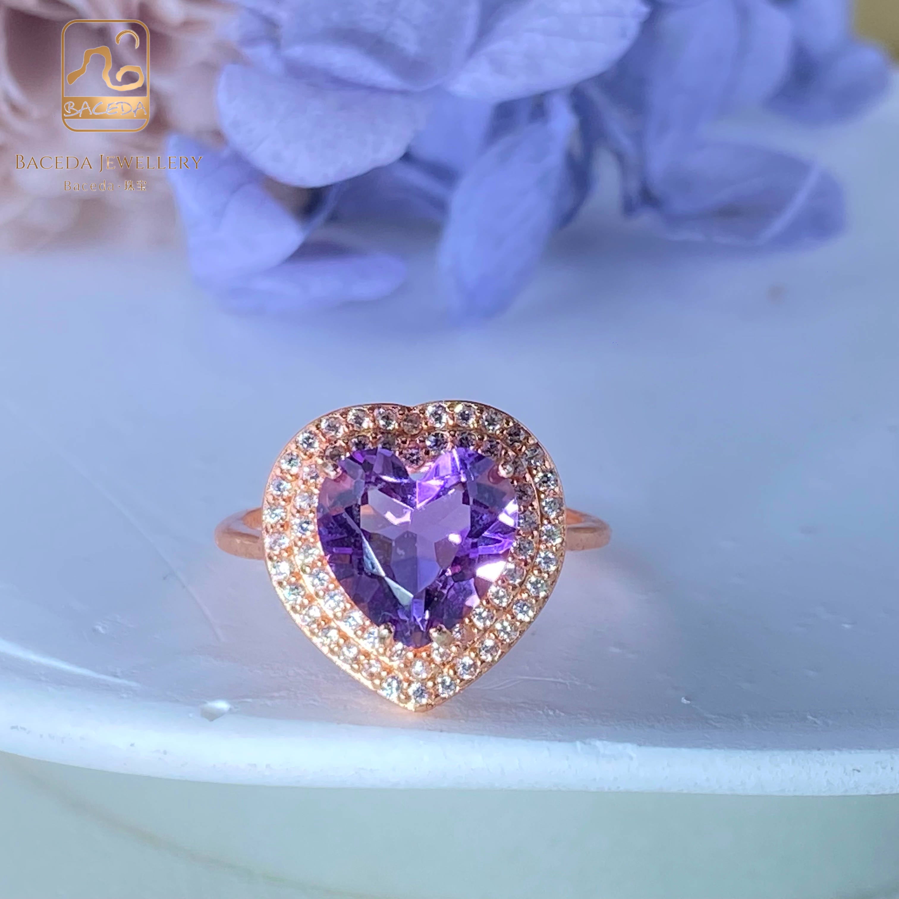 0907 Nhẫn đeo tay có thể điều chỉnh đá thạch anh tím Baceda S925 