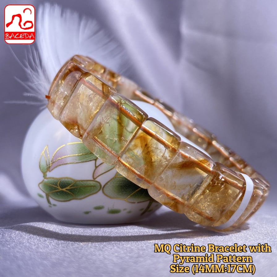 Vòng tay đá Citrine tự nhiên Baceda chất lượng trung bình có họa tiết kim tự tháp, đá quý sinh tháng 11, cũng tốt cho kinh doanh, thu hút tài lộc, tái tạo năng lượng cho trí óc và khuyến khích thể hiện bản thân với giấy chứng nhận