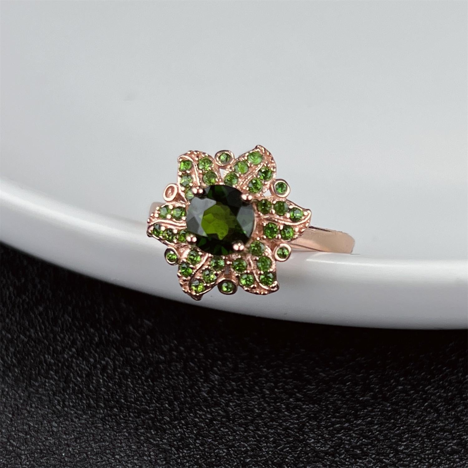 LR14 Flower Diopside S925 Adjustable Band Fashion Ring