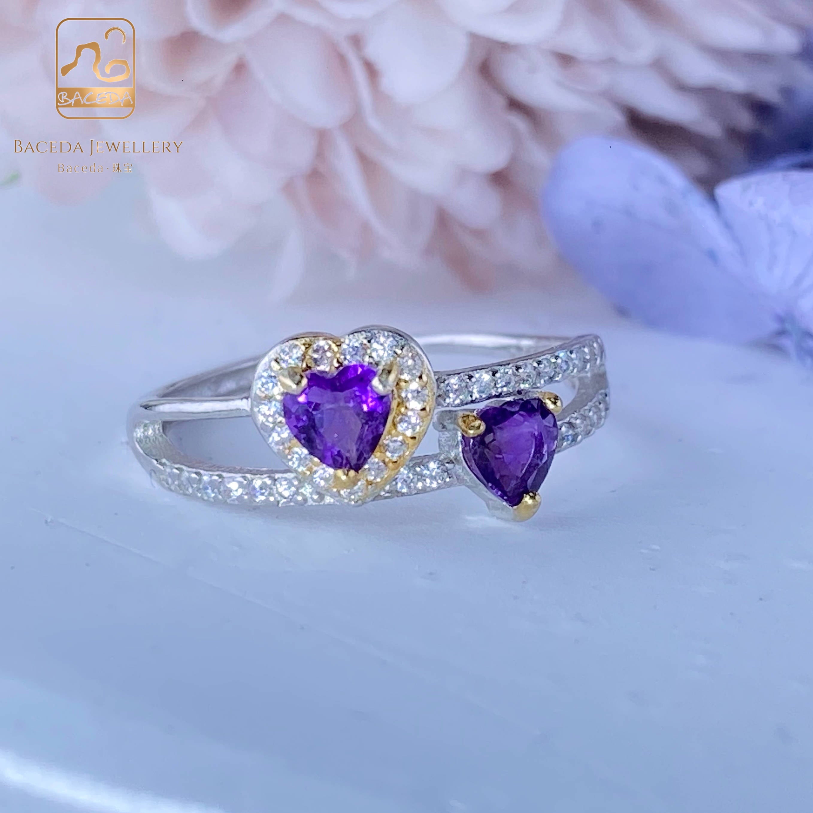 0907 Nhẫn đeo tay có thể điều chỉnh đá thạch anh tím Baceda S925 