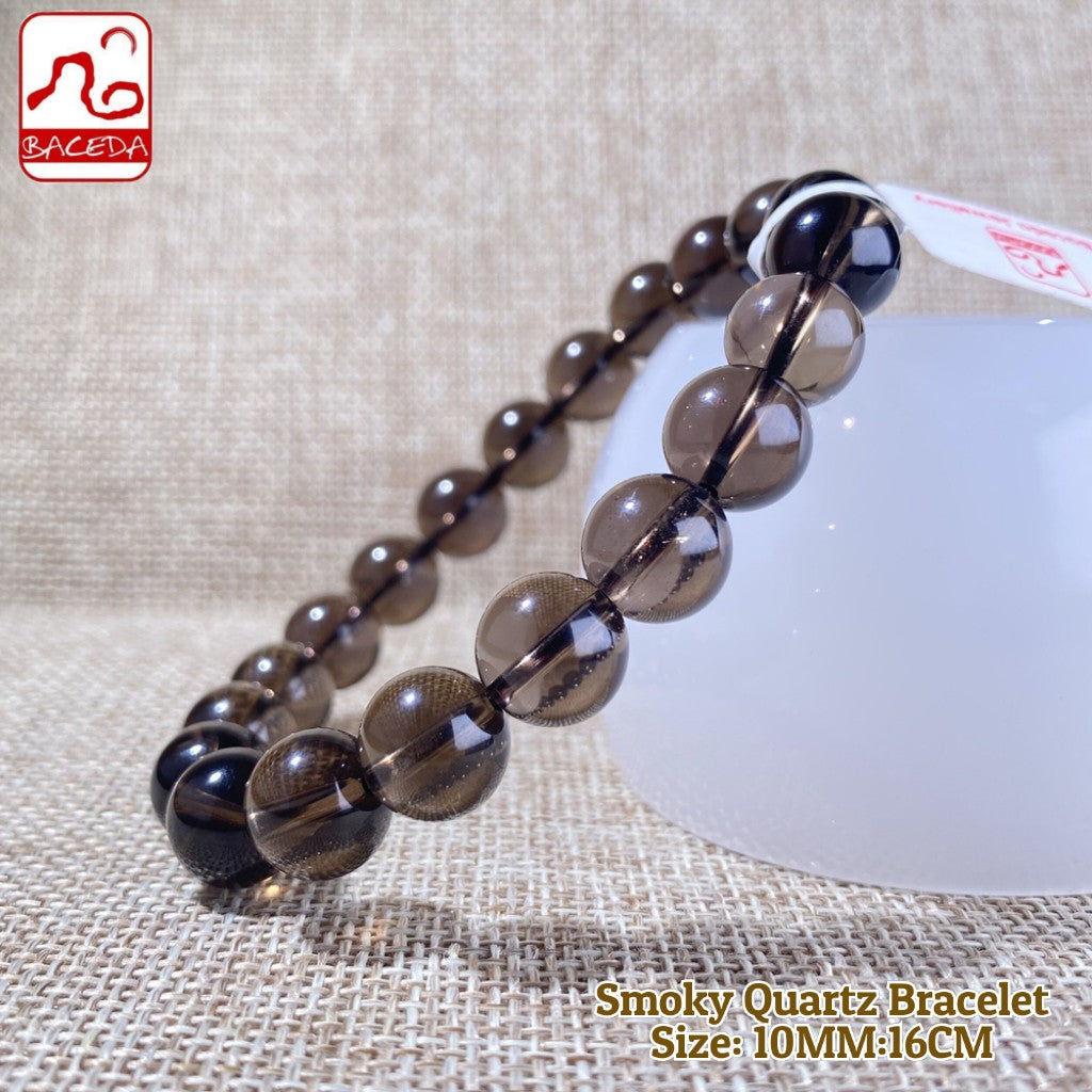 Baceda Natural Crystals of Smoky Quartz Bracelet Helps to clear the aura of negativity calming anxiety,grounding stone, promoting security and stability to men or women,With Certificate