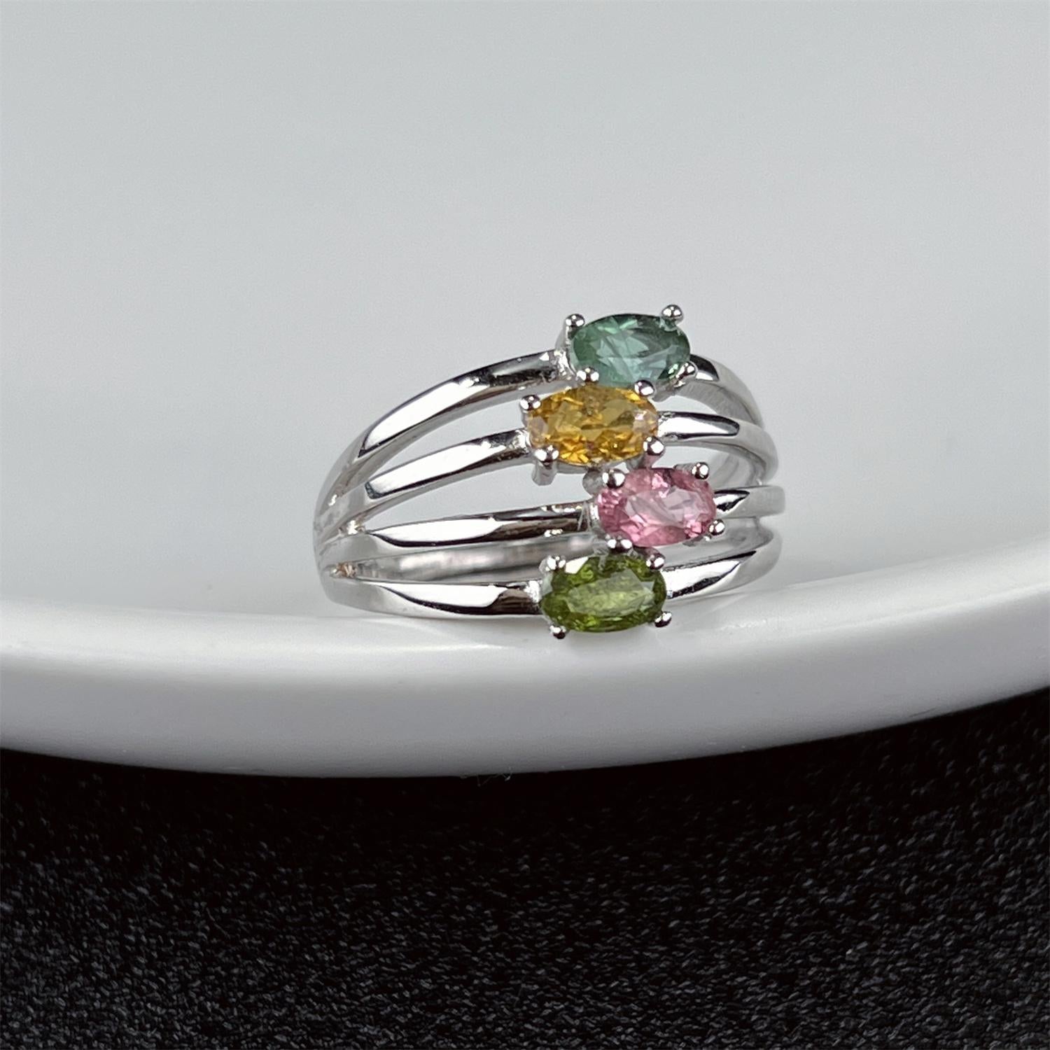 LR11 Four Rows Gemstone S925 Adjustable Band Fashion Ring
