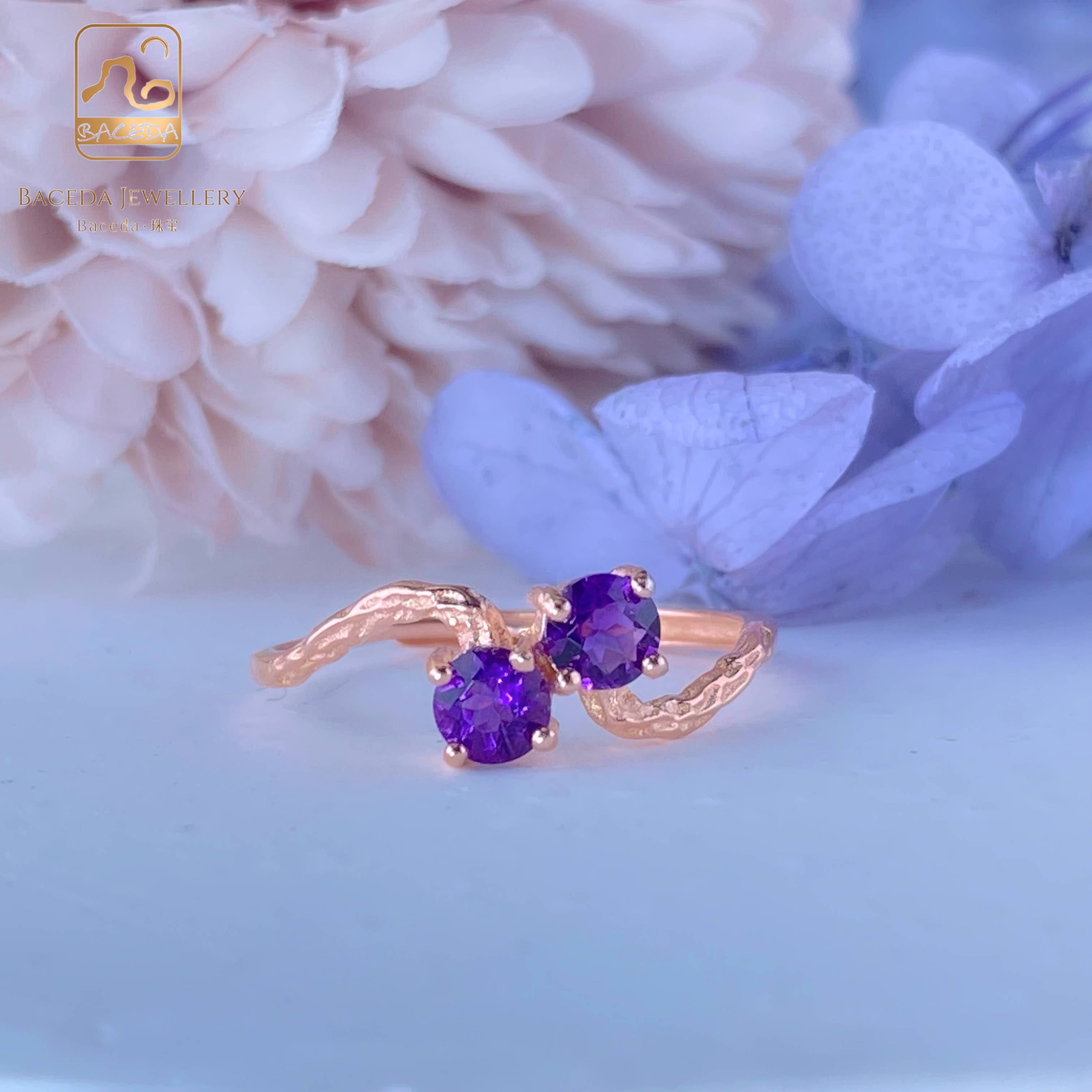 0907 Nhẫn đeo tay có thể điều chỉnh đá thạch anh tím Baceda S925 