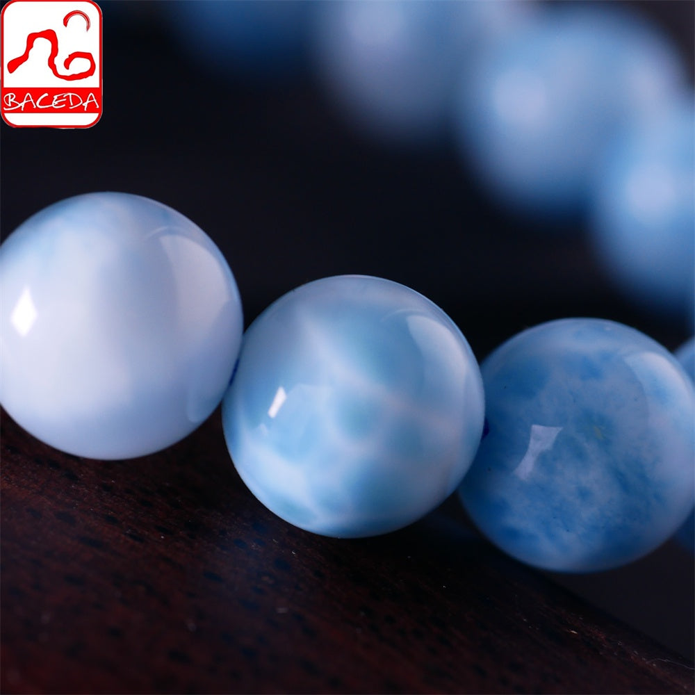 Vòng tay hạt tròn Larimar tự nhiên Baceda 6,5mm-9mm, đá chữa bệnh phù hợp với cả nam và nữ, kèm giấy chứng nhận và hộp quà tặng