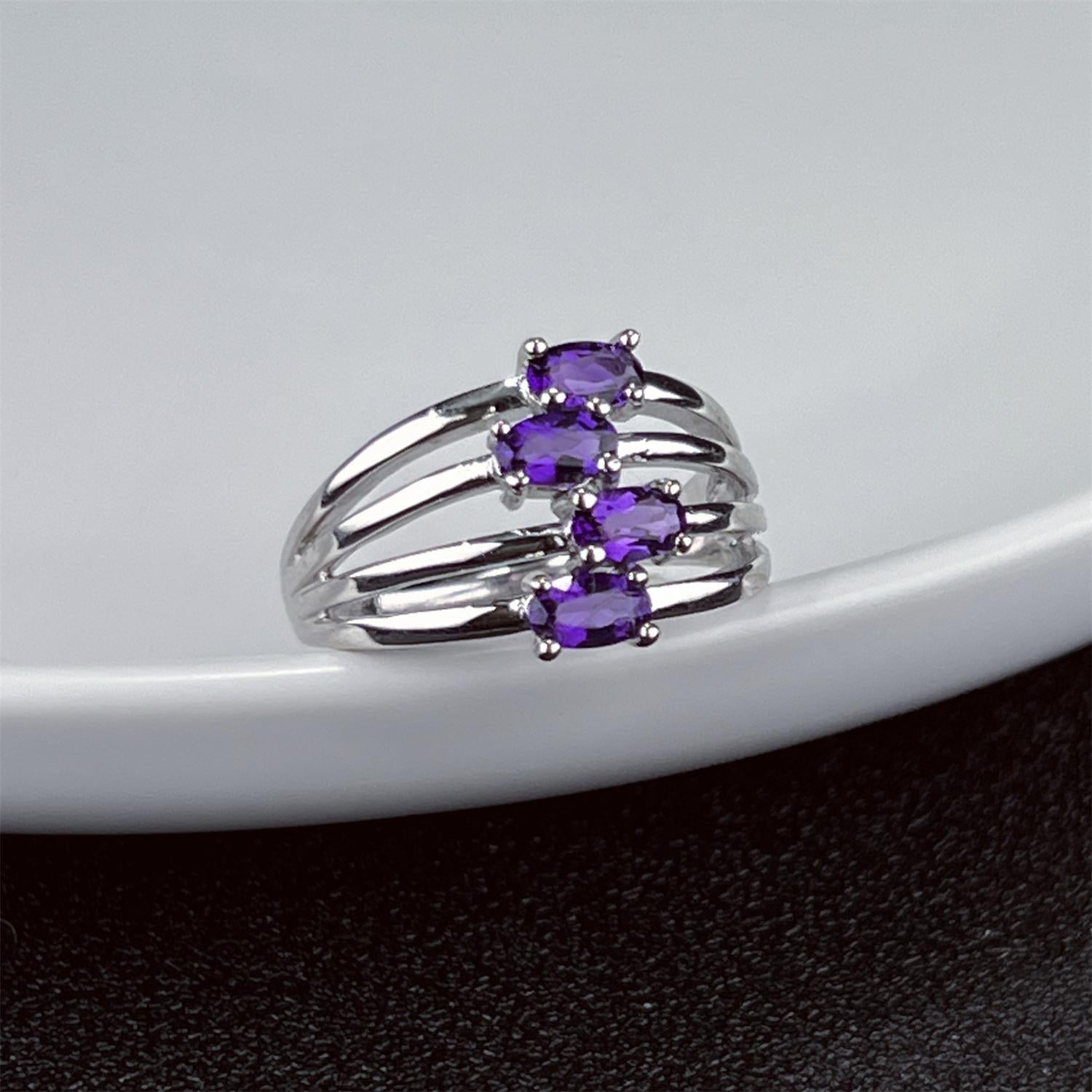 LR11 Four Rows Gemstone S925 Adjustable Band Fashion Ring
