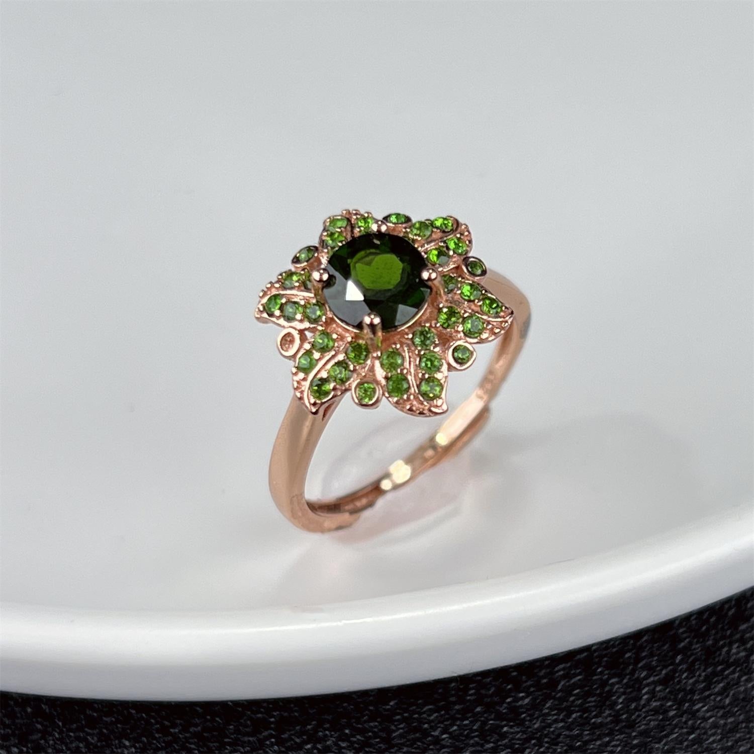 LR14 Flower Diopside S925 Adjustable Band Fashion Ring