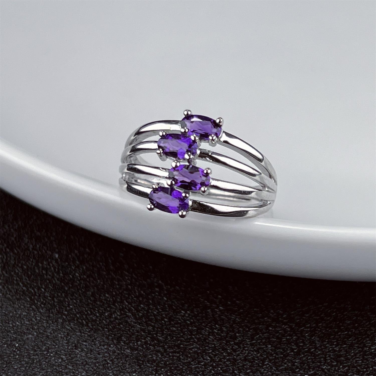 LR11 Four Rows Gemstone S925 Adjustable Band Fashion Ring