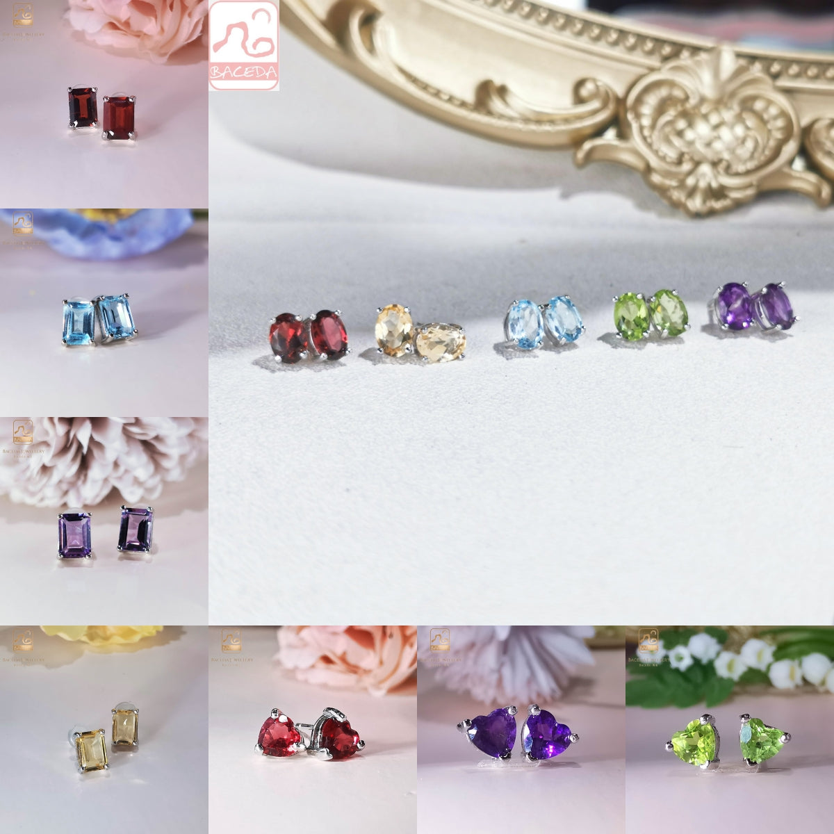 20230110 Hoa tai đinh tán đá thạch anh tím/vàng chanh/vàng lục bảo/topaz/garnet S925 hàng ngày 