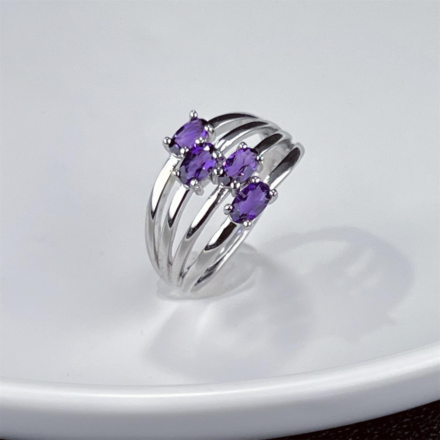 LR11 Four Rows Gemstone S925 Adjustable Band Fashion Ring