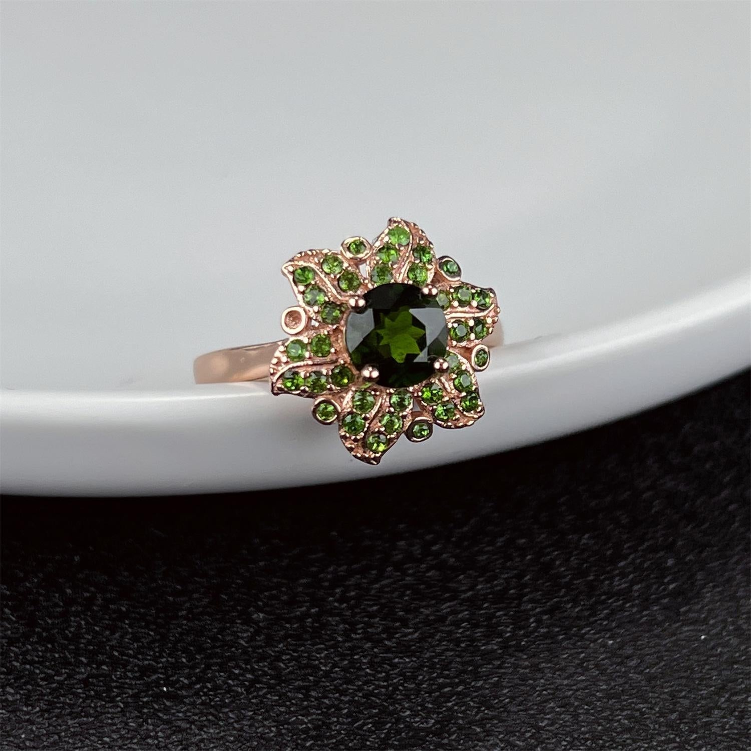 LR14 Flower Diopside S925 Adjustable Band Fashion Ring