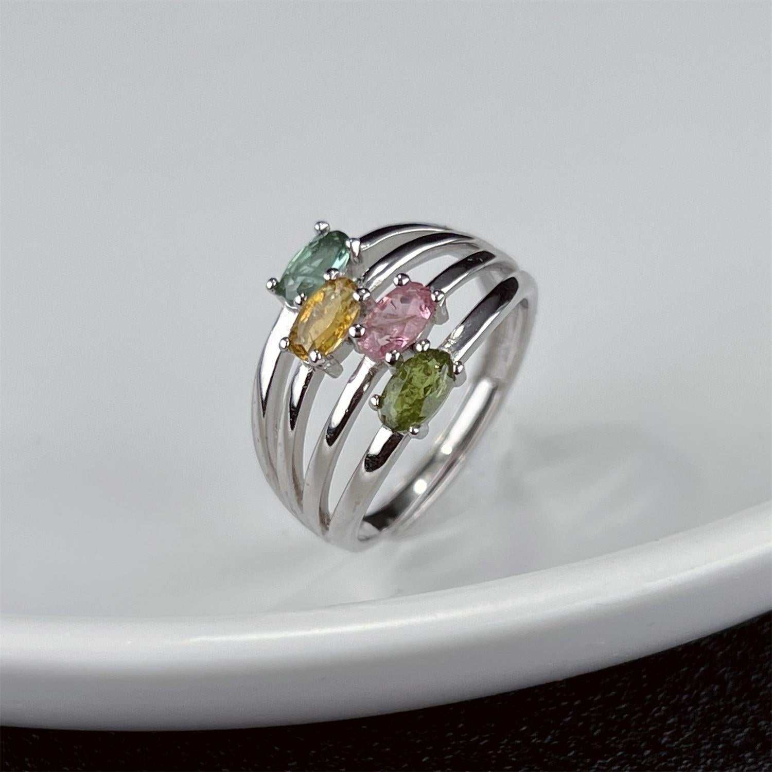 LR11 Four Rows Gemstone S925 Adjustable Band Fashion Ring