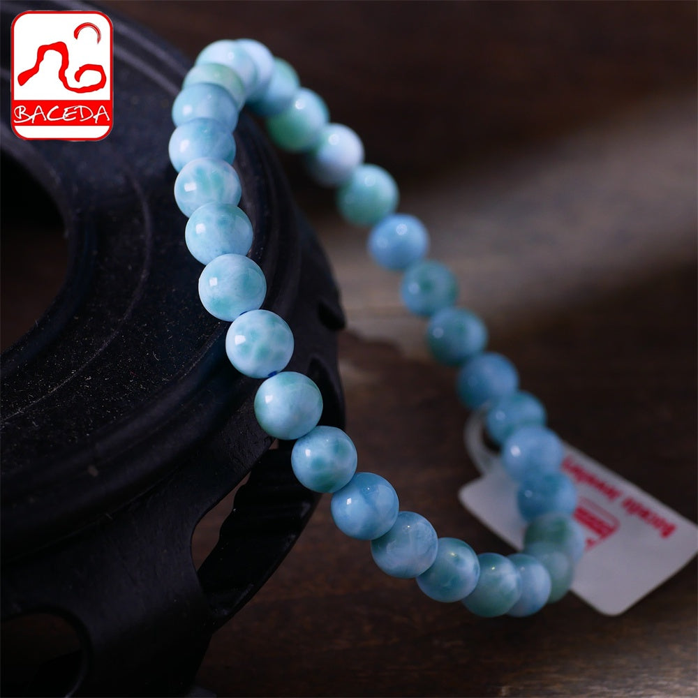 Vòng tay hạt tròn Larimar tự nhiên Baceda 6,5mm-9mm, đá chữa bệnh phù hợp với cả nam và nữ, kèm giấy chứng nhận và hộp quà tặng