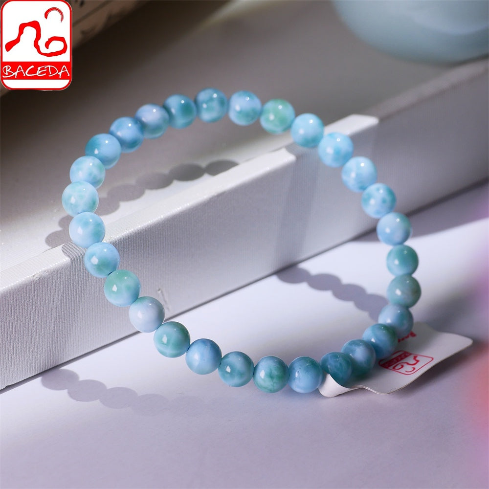 Vòng tay hạt tròn Larimar tự nhiên Baceda 6,5mm-9mm, đá chữa bệnh phù hợp với cả nam và nữ, kèm giấy chứng nhận và hộp quà tặng